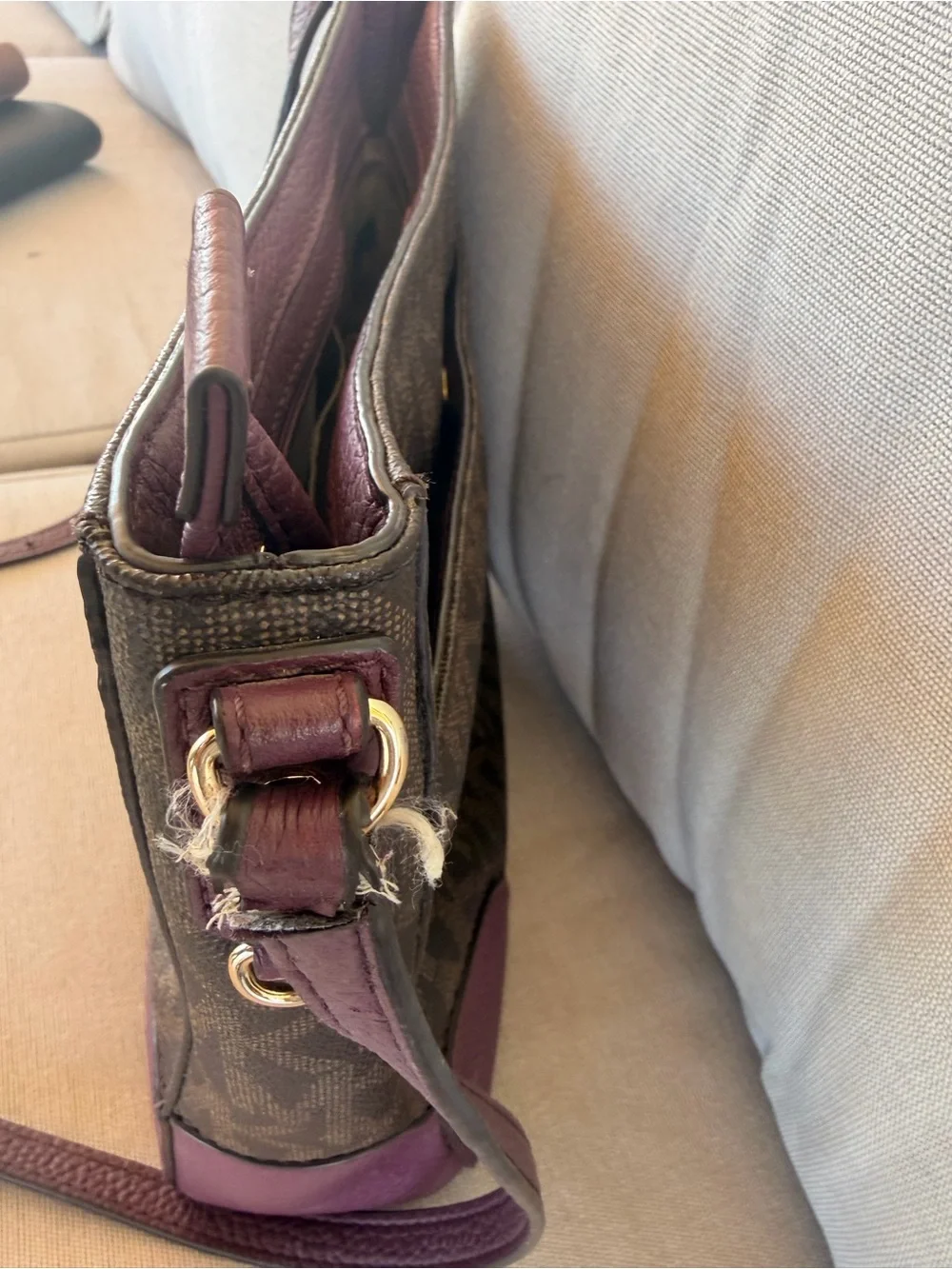 Michael Kors Brown Monogram Crossbody with Plum Accents